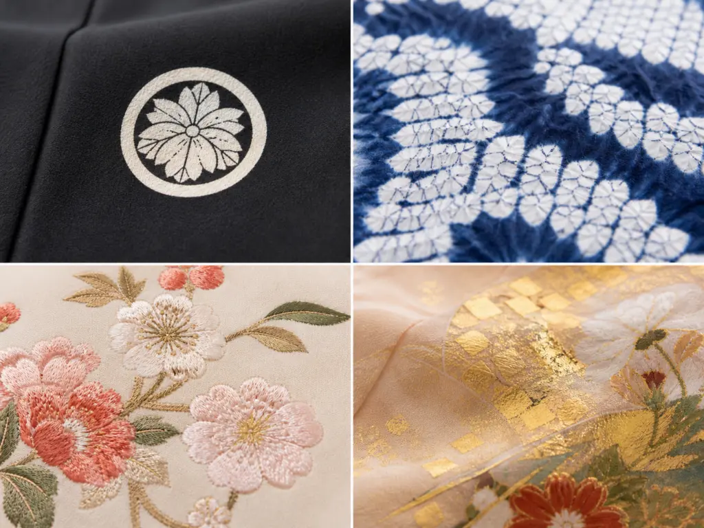 紋・絞り・刺繍・金箔という、自宅の洗濯機で洗えない着物の装飾を示す4分割写真