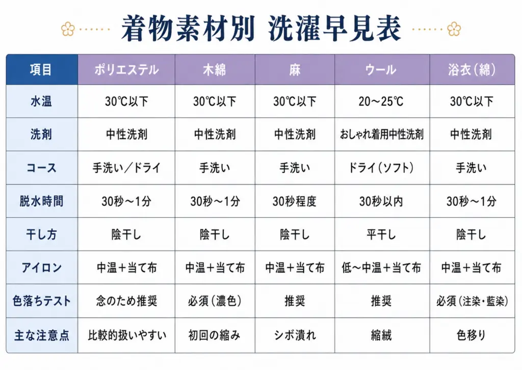 ポリエステル・木綿・麻・ウール・正絹の5素材を8項目で比較した洗い方早見表